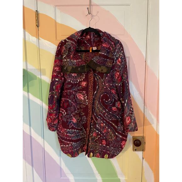SAINU Wool Embroidered Boho Coat Jacket Burgundy Floral Paisley Size M - Picture 1 of 13